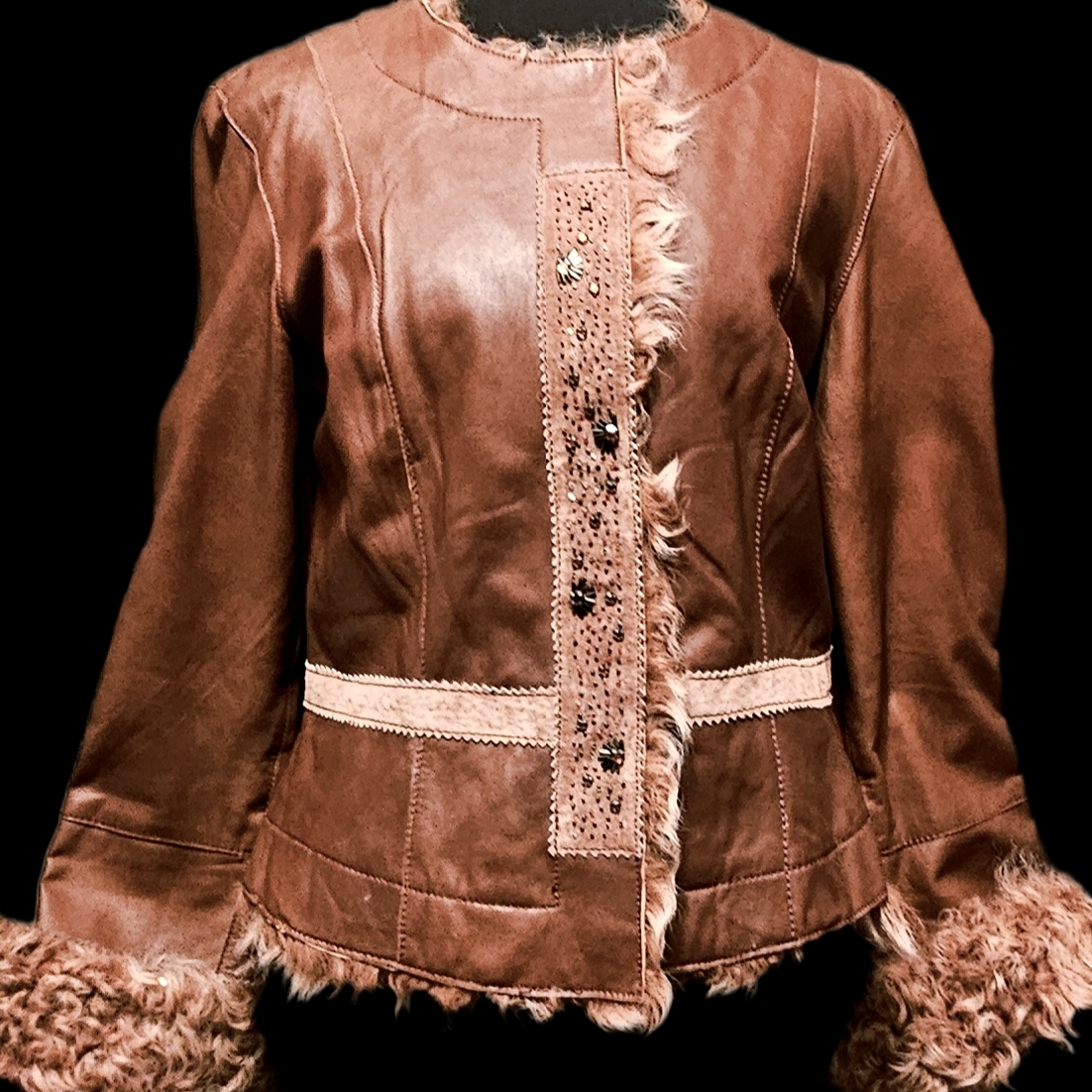 Y2k Brown Cache Lamb Leather Lamb Fur Trim Collarless Cropped Jacket Sz M